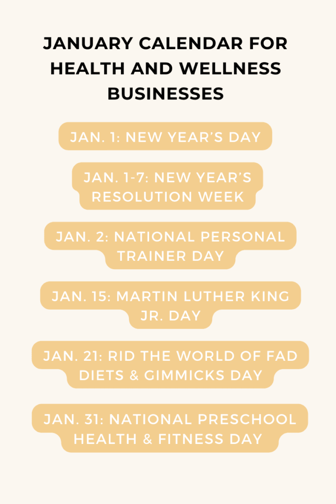 A list of January dates for health and wellness businesses.